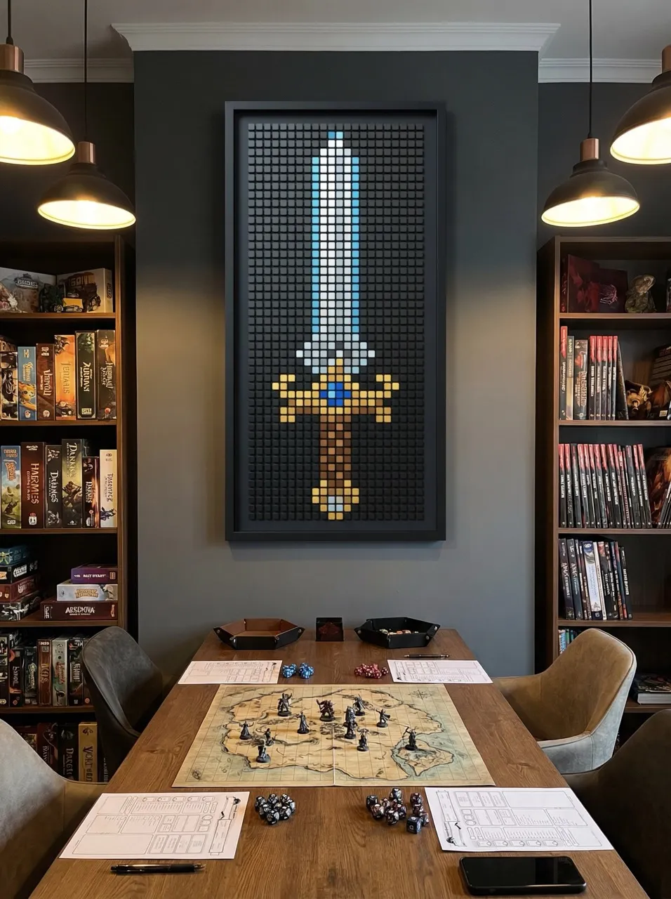 Espada pixel art vertical em sala de jogos